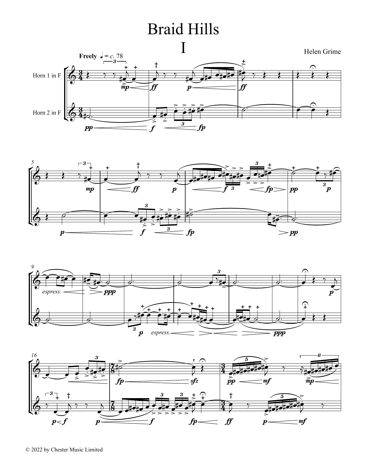 Download Helen Grime Braid Hills Sheet Music and learn how to play French Horn Duet PDF digital score in minutes