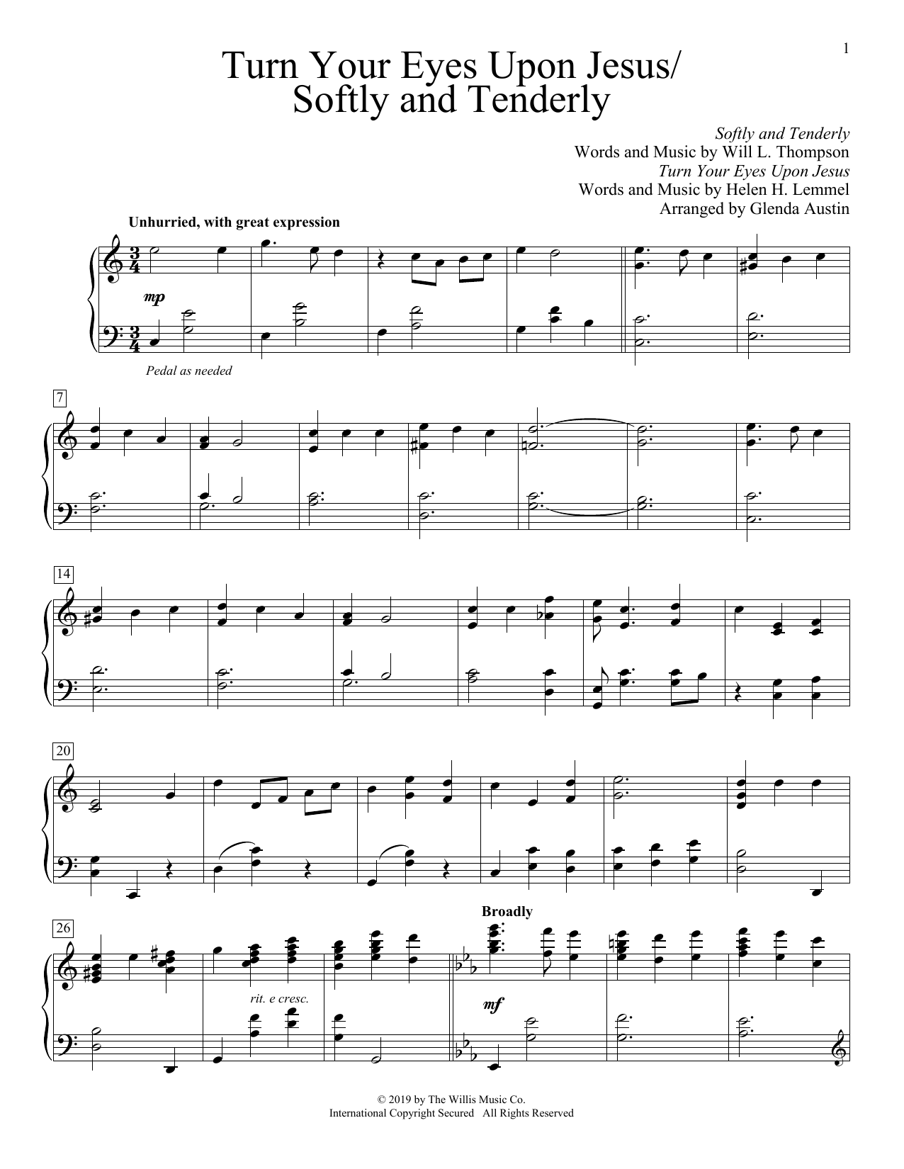 Download Helen H. Lemmel Turn Your Eyes Upon Jesus/Softly And Tenderly (arr. Glenda Austin) Sheet Music and learn how to play Educational Piano PDF digital score in minutes