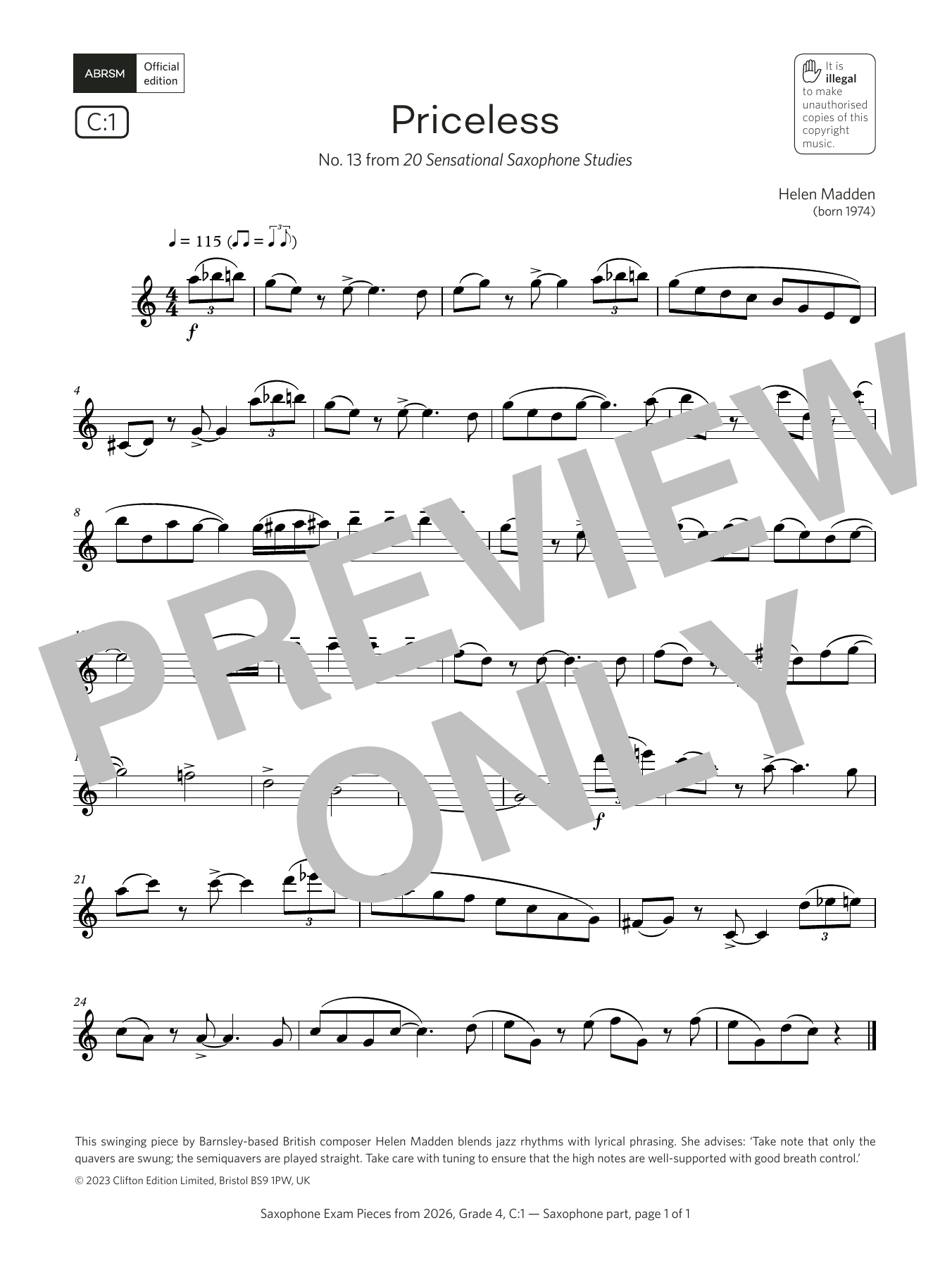 Download Helen Madden Priceless (Grade 4, list C1, from the ABRSM Saxophone Syllabus from 2026) Sheet Music and learn how to play Alto Sax Solo PDF digital score in minutes