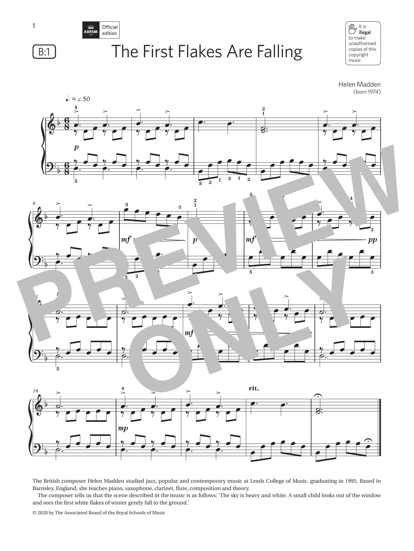 Download Helen Madden The First Flakes Are Falling (Grade 2, list B1, from the ABRSM Piano Syllabus 20 Sheet Music and learn how to play Piano Solo PDF digital score in minutes