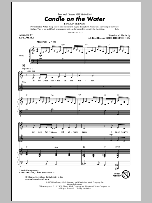 Download Ed Lojeski Candle On The Water Sheet Music and learn how to play SATB PDF digital score in minutes
