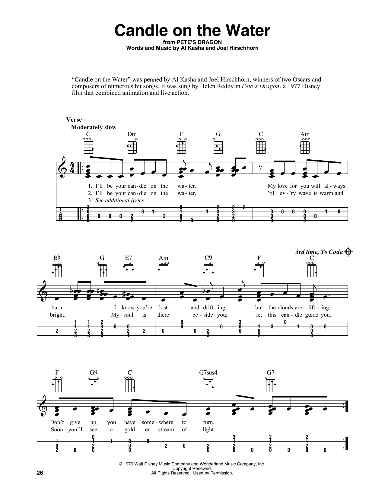 Download Al Kasha Candle On The Water (from Pete's Dragon) (arr. Fred Sokolow) Sheet Music and learn how to play Easy Ukulele Tab PDF digital score in minutes