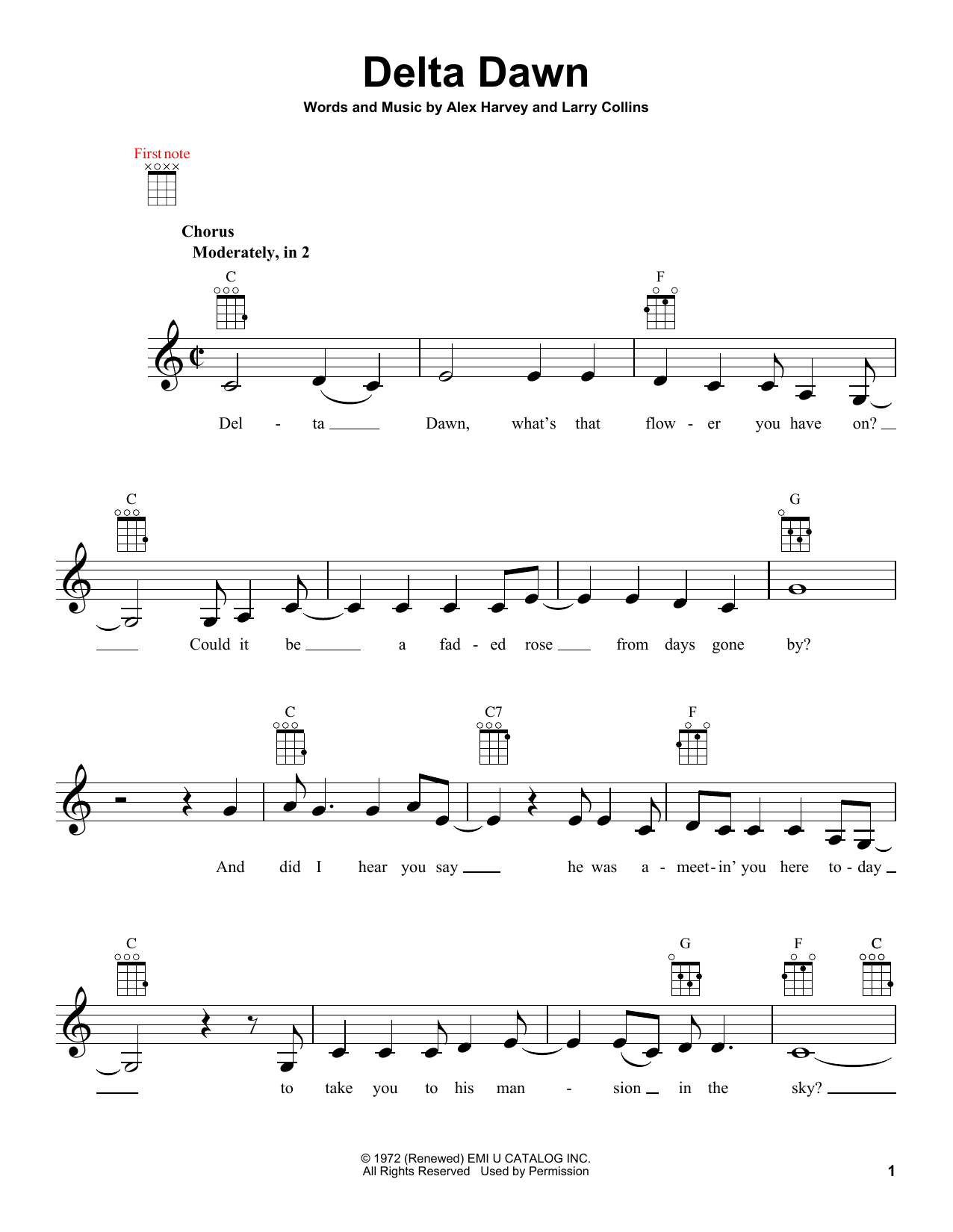 Download Helen Reddy Delta Dawn Sheet Music and learn how to play Ukulele PDF digital score in minutes