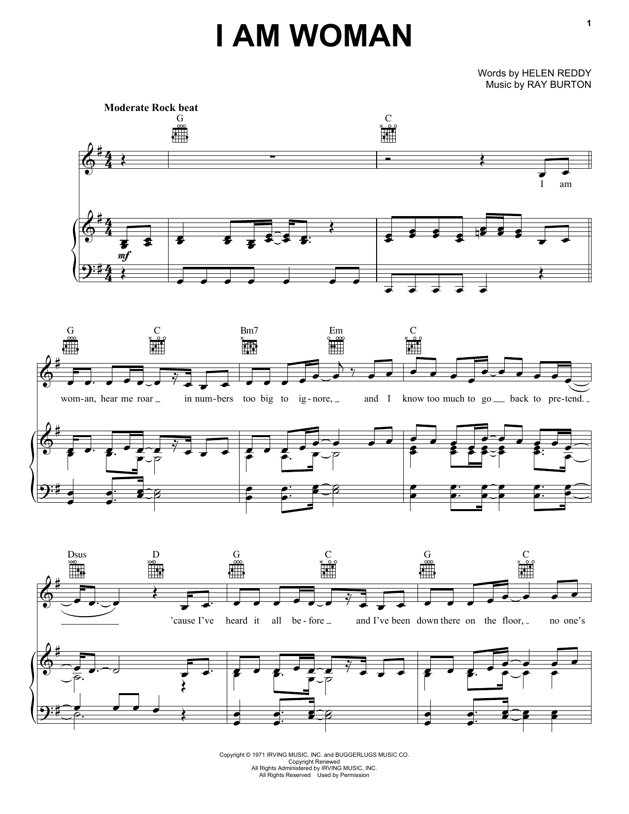 Download Helen Reddy I Am Woman Sheet Music and learn how to play Piano, Vocal & Guitar (Right-Hand Melody) PDF digital score in minutes
