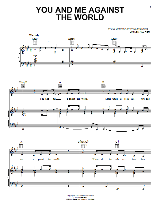 Download Helen Reddy You And Me Against The World Sheet Music and learn how to play Easy Piano PDF digital score in minutes