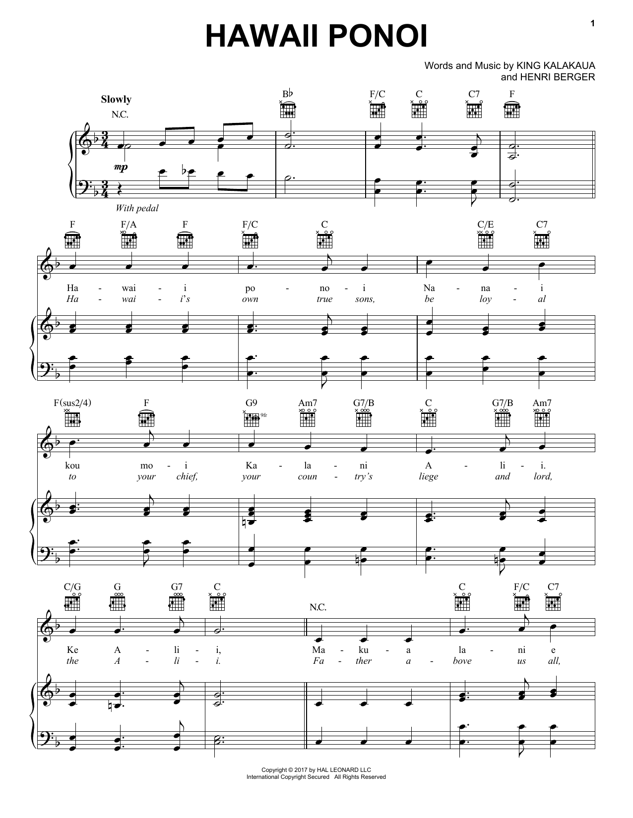 Download Henri Berger Hawaii Ponoi Sheet Music and learn how to play Piano, Vocal & Guitar (Right-Hand Melody) PDF digital score in minutes