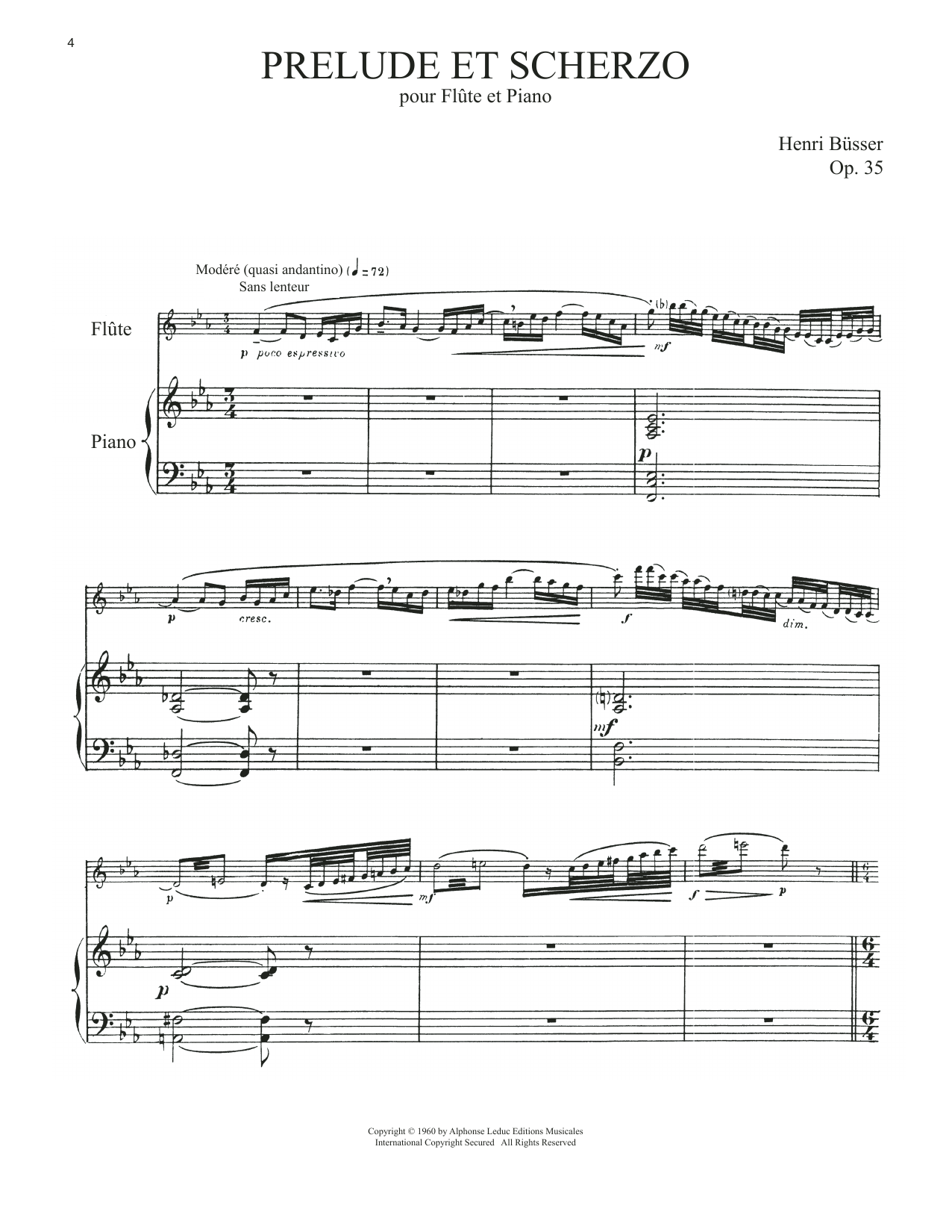 Download Henri Busser Prelude Et Scherzo, Op. 35 Sheet Music and learn how to play Flute and Piano PDF digital score in minutes