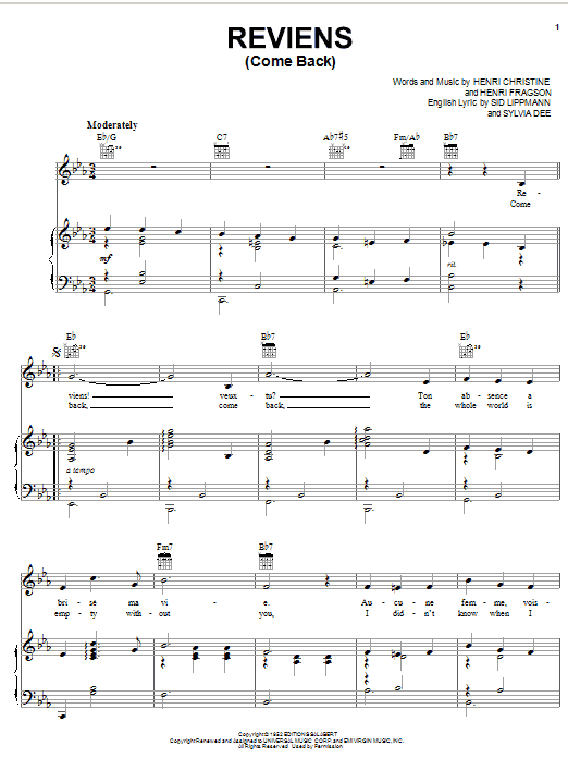 Download Henri Christine Reviens (Come Back) Sheet Music and learn how to play Piano, Vocal & Guitar (Right-Hand Melody) PDF digital score in minutes