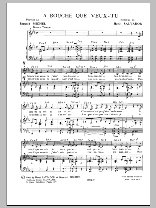 Download Henri Salvador A Bouche Que Veux-Tu Sheet Music and learn how to play Piano & Vocal PDF digital score in minutes