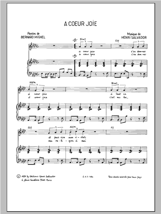Download Henri Salvador A Coeur Joie Sheet Music and learn how to play Piano & Vocal PDF digital score in minutes