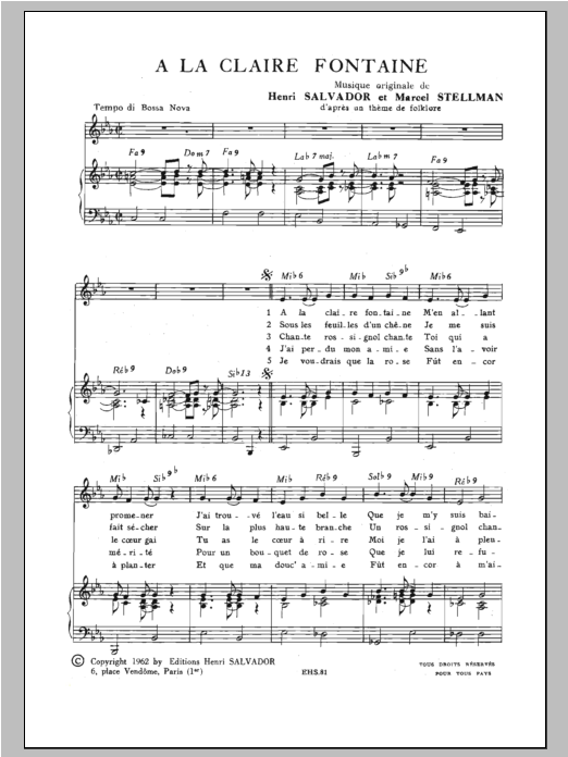 Download Henri Salvador A La Claire Fontaine Sheet Music and learn how to play Piano & Vocal PDF digital score in minutes