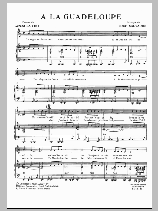 Download Henri Salvador A La Guadeloupe Sheet Music and learn how to play Piano & Vocal PDF digital score in minutes