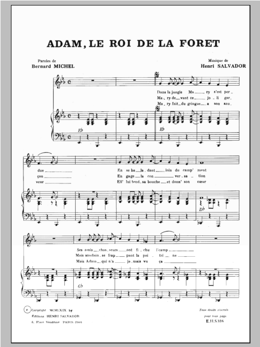 Download Henri Salvador Adam Roi De La Foret Sheet Music and learn how to play Piano & Vocal PDF digital score in minutes
