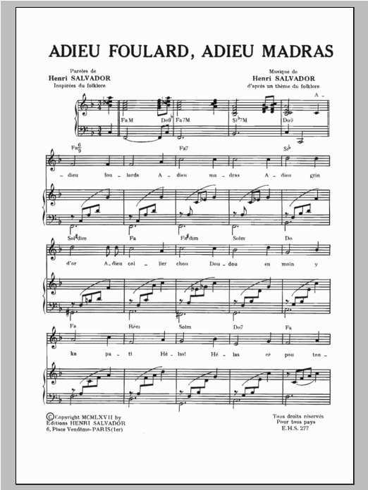 Download Henri Salvador Adieu Foulard Adieu Madras Sheet Music and learn how to play Piano & Vocal PDF digital score in minutes