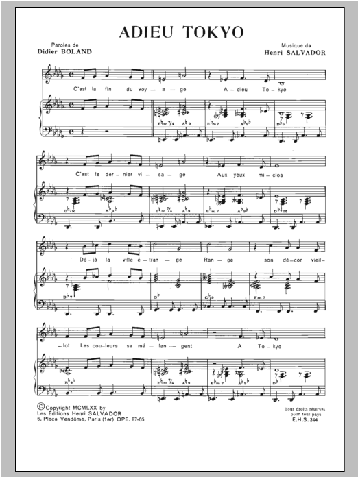 Download Henri Salvador Adieu Tokio Sheet Music and learn how to play Piano & Vocal PDF digital score in minutes
