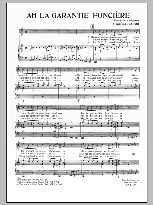 Download Henri Salvador Ah! La Garantie Fonciere Sheet Music and learn how to play Piano & Vocal PDF digital score in minutes