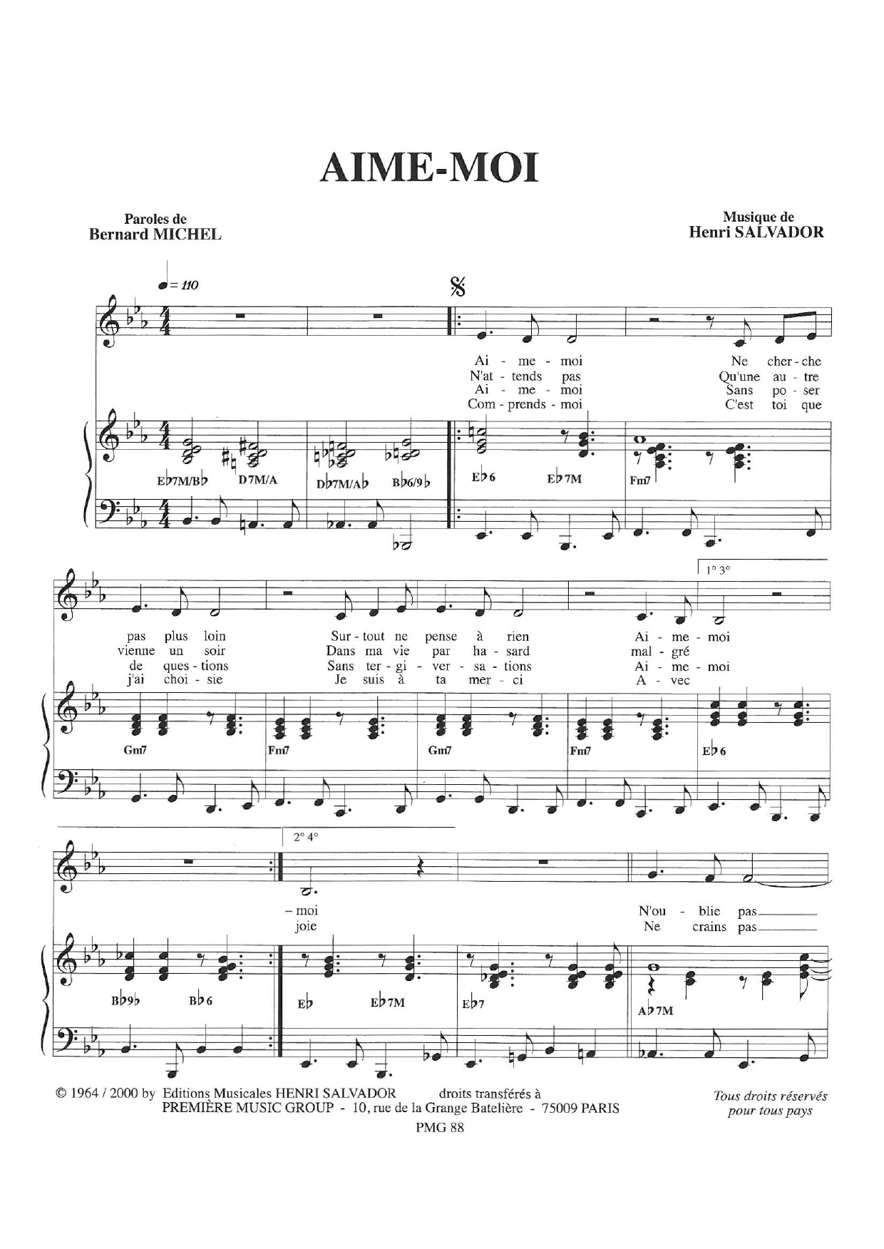 Download Henri Salvador Aime-Moi Sheet Music and learn how to play Piano & Vocal PDF digital score in minutes