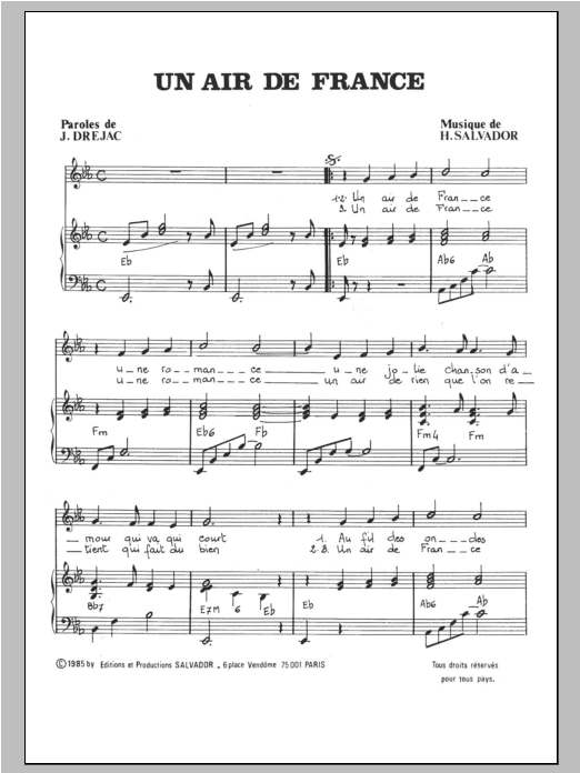 Download Henri Salvador Air De France Sheet Music and learn how to play Piano & Vocal PDF digital score in minutes