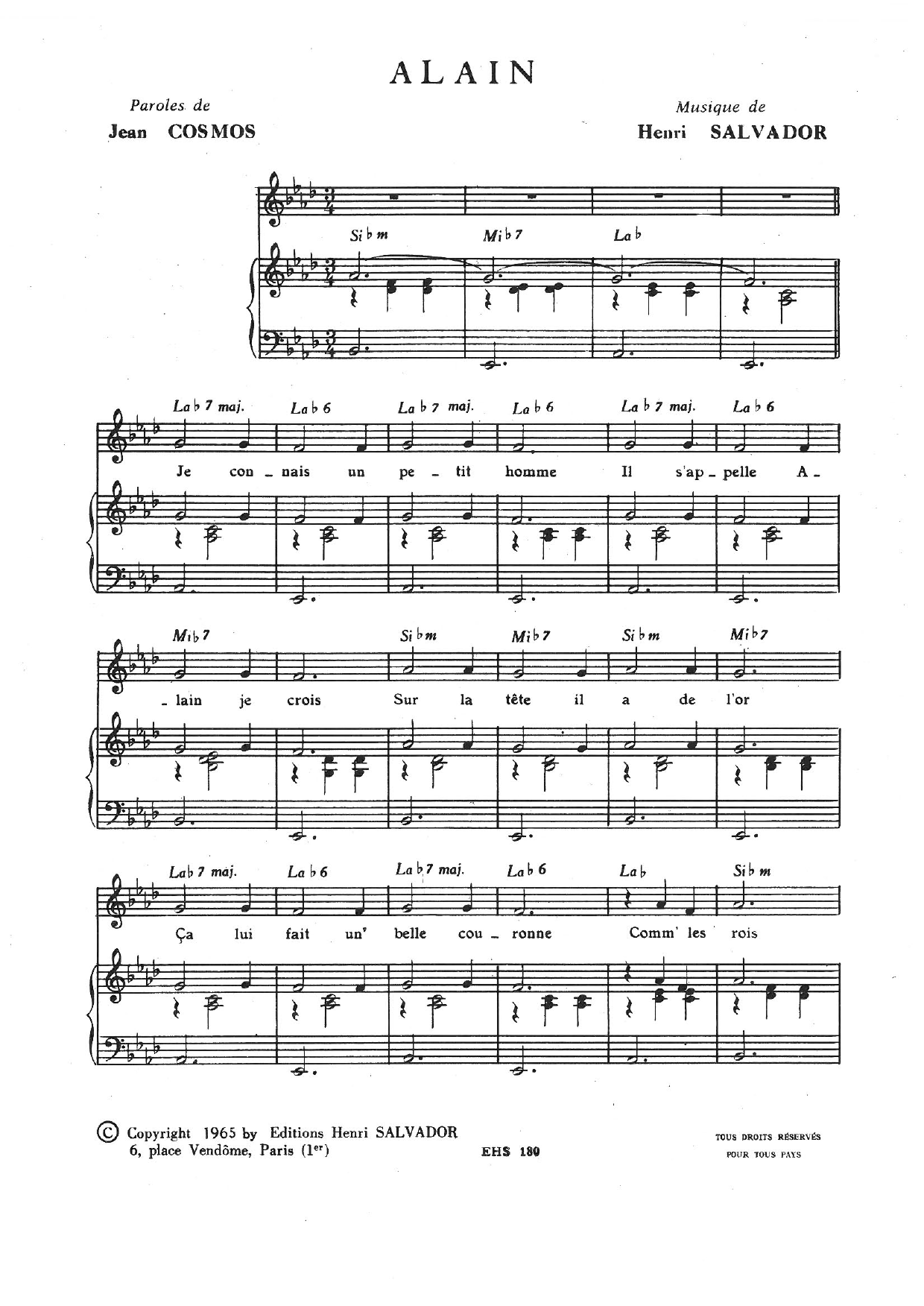 Download Henri Salvador Alain Sheet Music and learn how to play Piano & Vocal PDF digital score in minutes