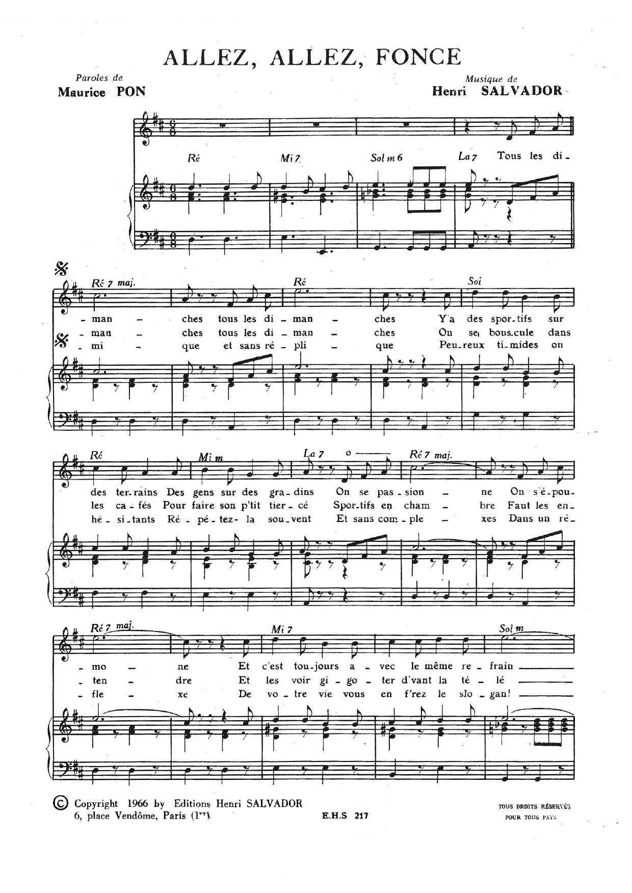 Download Henri Salvador Allez Allez Fonce Sheet Music and learn how to play Piano & Vocal PDF digital score in minutes