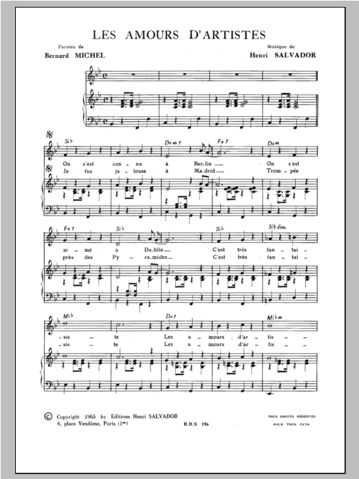 Download Henri Salvador Amours D'artistes Sheet Music and learn how to play Piano & Vocal PDF digital score in minutes