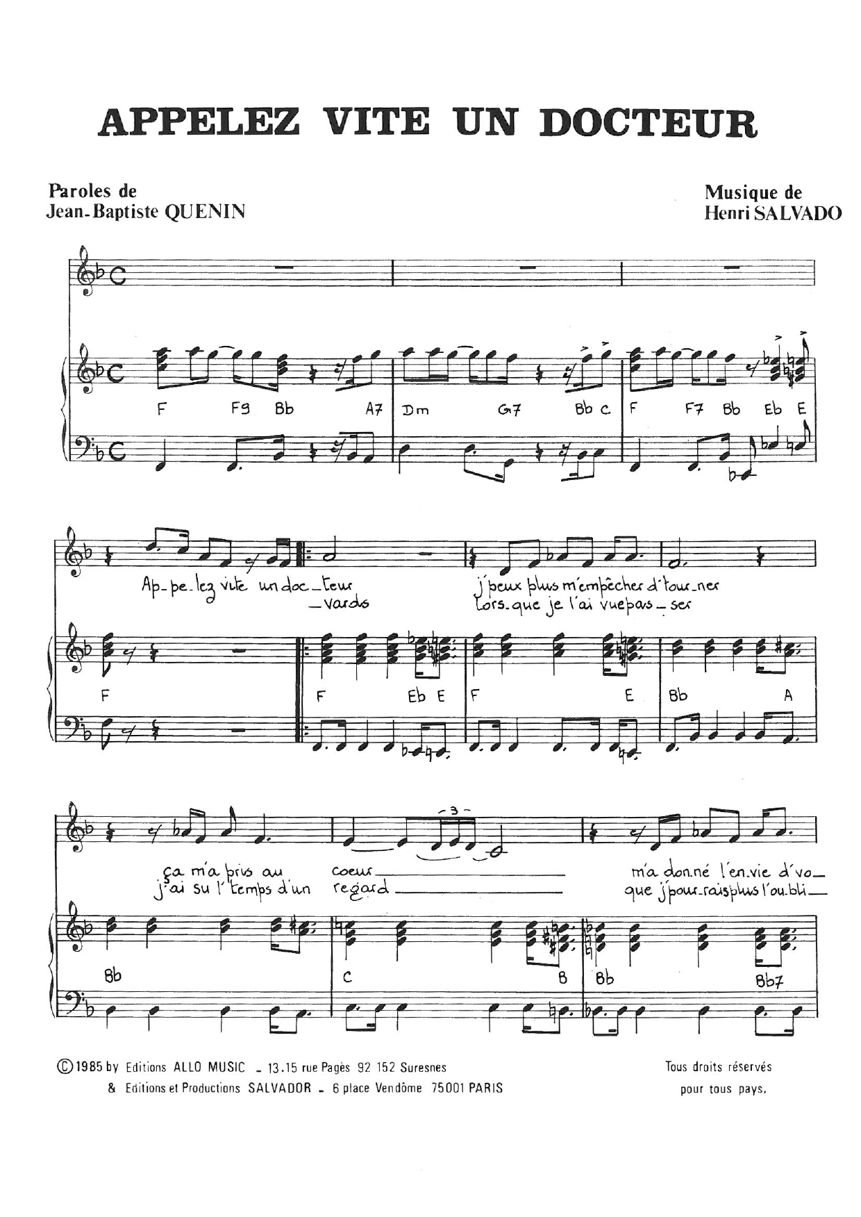 Download Henri Salvador Appelez Vite Un Docteur Sheet Music and learn how to play Piano & Vocal PDF digital score in minutes