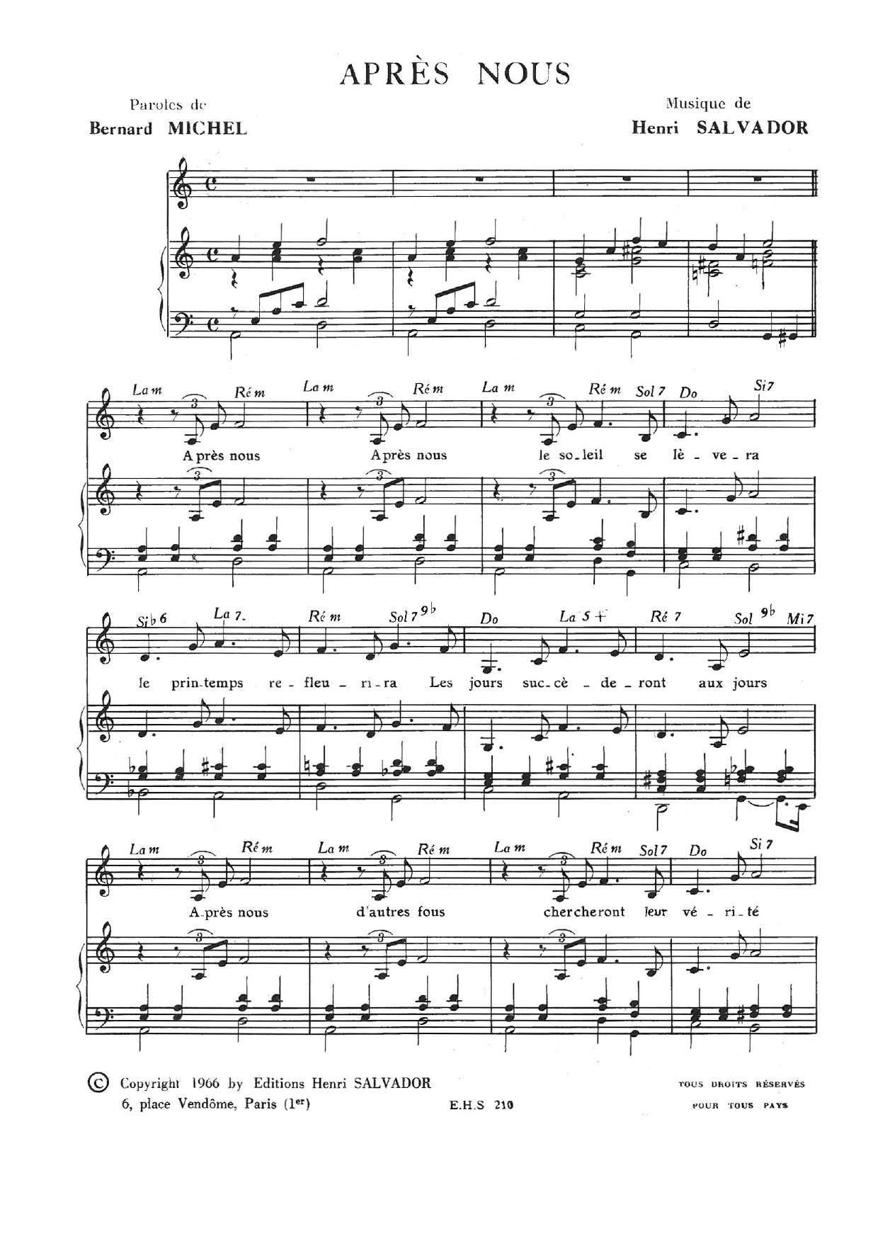 Download Henri Salvador Apres Nous Sheet Music and learn how to play Piano & Vocal PDF digital score in minutes