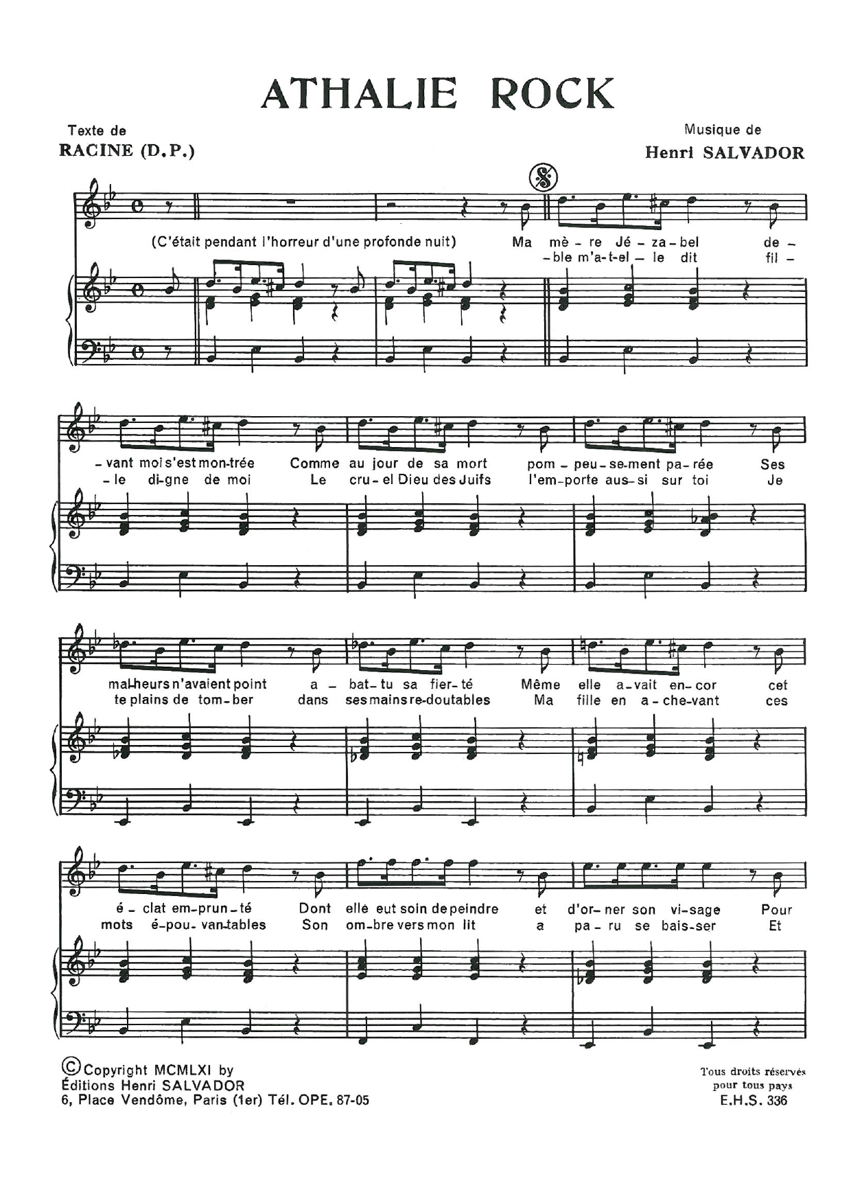 Download Henri Salvador Athalie Rock Sheet Music and learn how to play Piano & Vocal PDF digital score in minutes