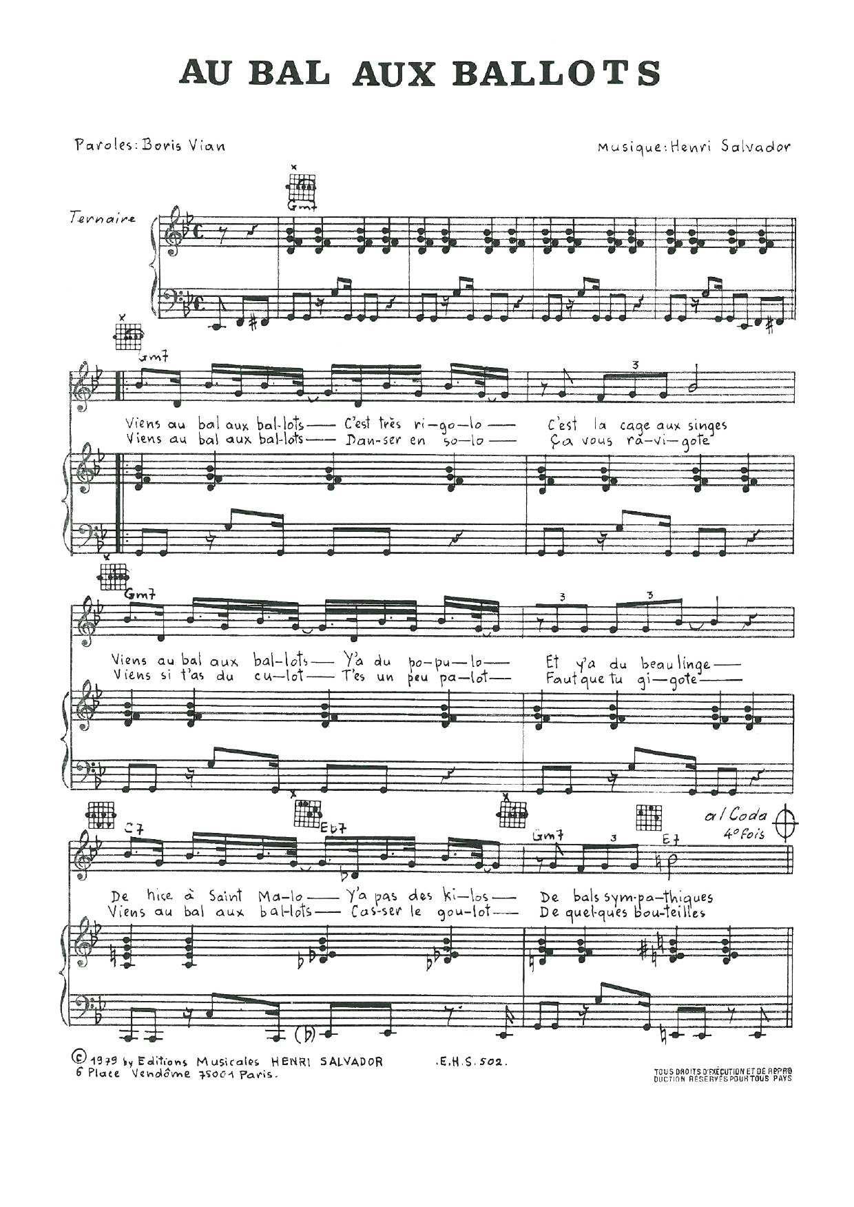 Download Henri Salvador Au Bal Aux Ballots Sheet Music and learn how to play Piano, Vocal & Guitar PDF digital score in minutes