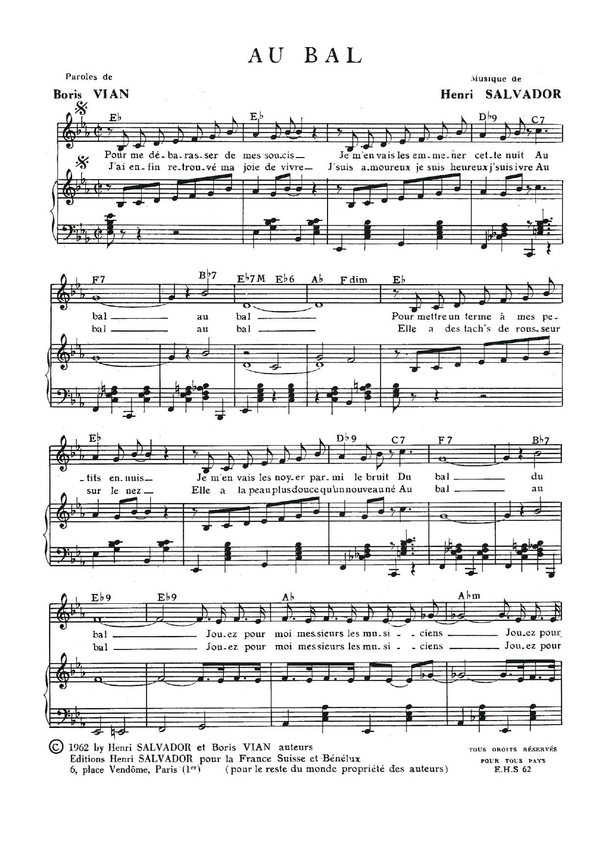 Download Henri Salvador Au Bal Sheet Music and learn how to play Piano & Vocal PDF digital score in minutes