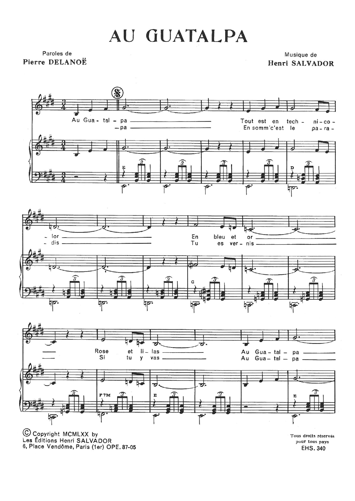 Download Henri Salvador Au Gatalpa Sheet Music and learn how to play Piano & Vocal PDF digital score in minutes