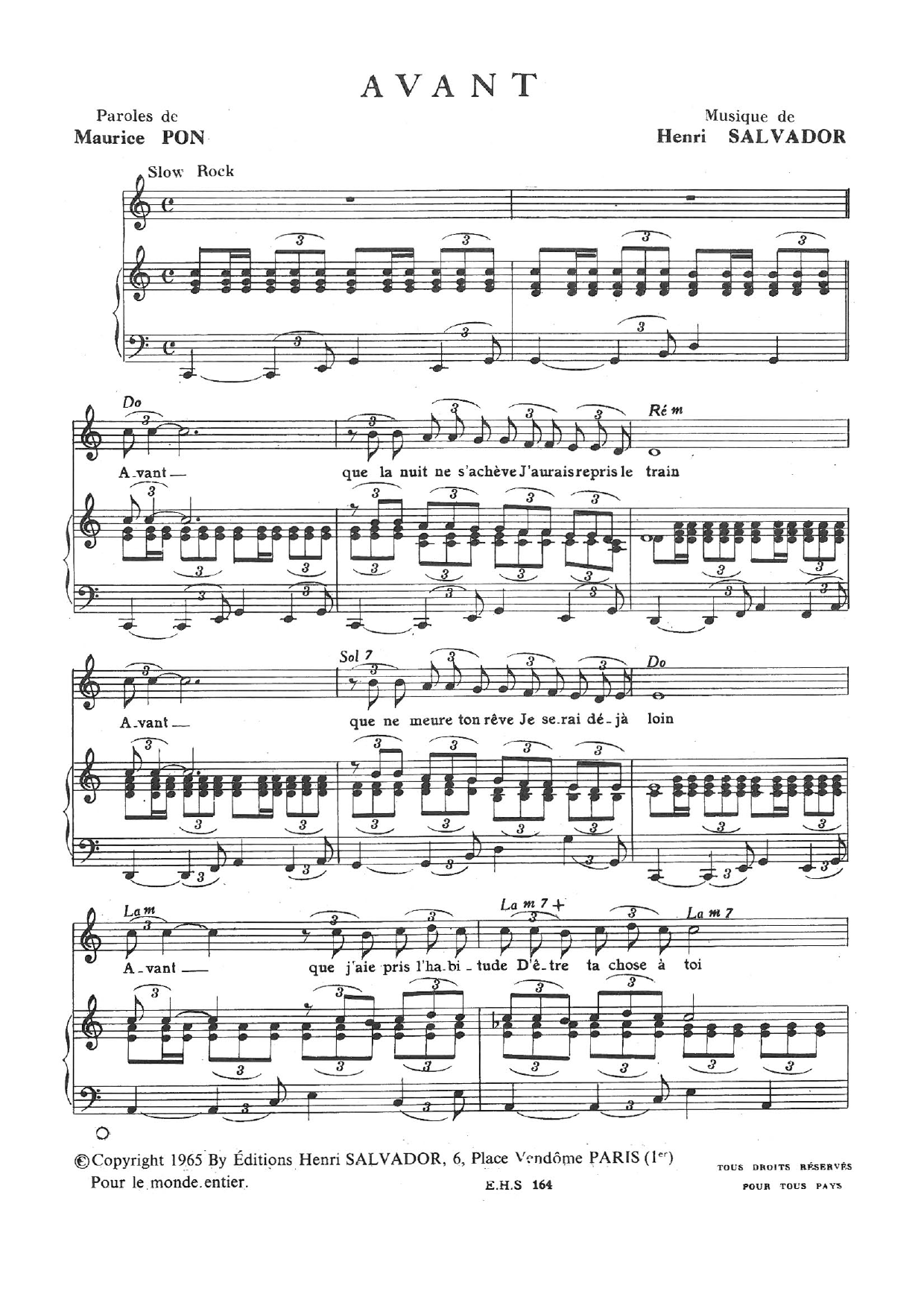 Download Henri Salvador Avant Sheet Music and learn how to play Piano & Vocal PDF digital score in minutes