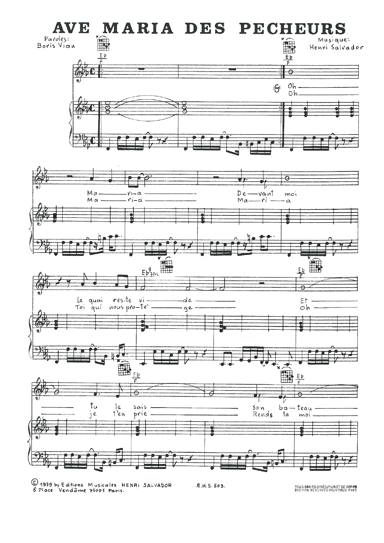 Download Henri Salvador Ave Maria Des Pecheurs Sheet Music and learn how to play Piano, Vocal & Guitar PDF digital score in minutes