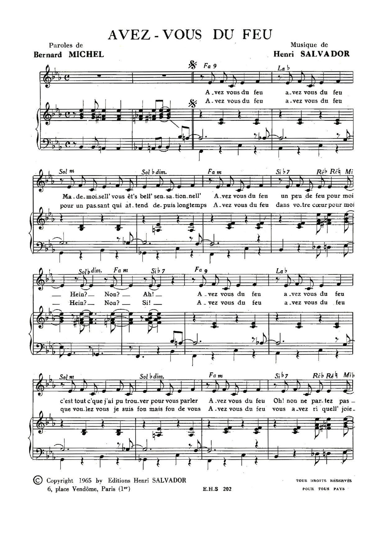 Download Henri Salvador Avez Vous Du Feu Sheet Music and learn how to play Piano & Vocal PDF digital score in minutes
