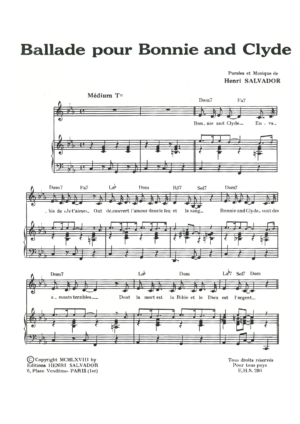 Download Henri Salvador Ballade Pour Bonnie And Clyde Sheet Music and learn how to play Piano & Vocal PDF digital score in minutes