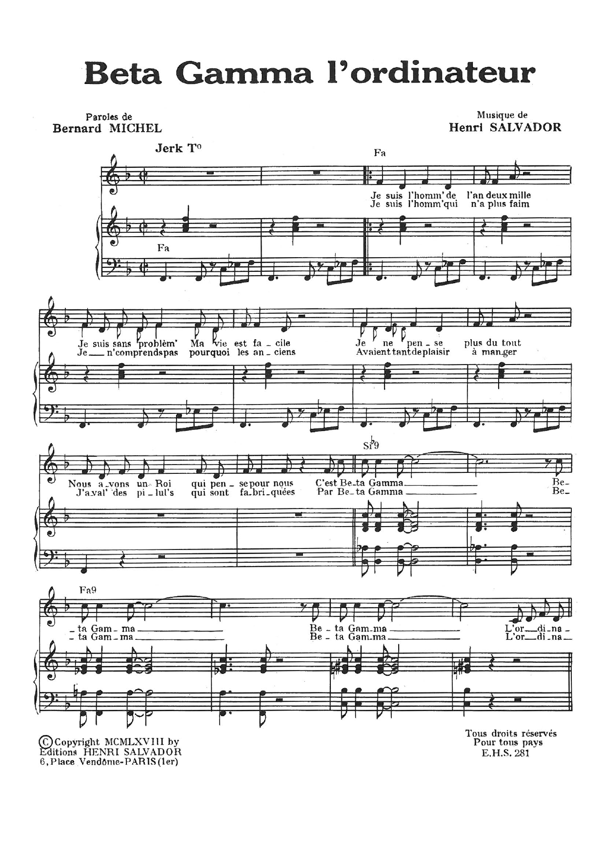 Download Henri Salvador Beta Gamma L'Ordinateur Sheet Music and learn how to play Piano & Vocal PDF digital score in minutes