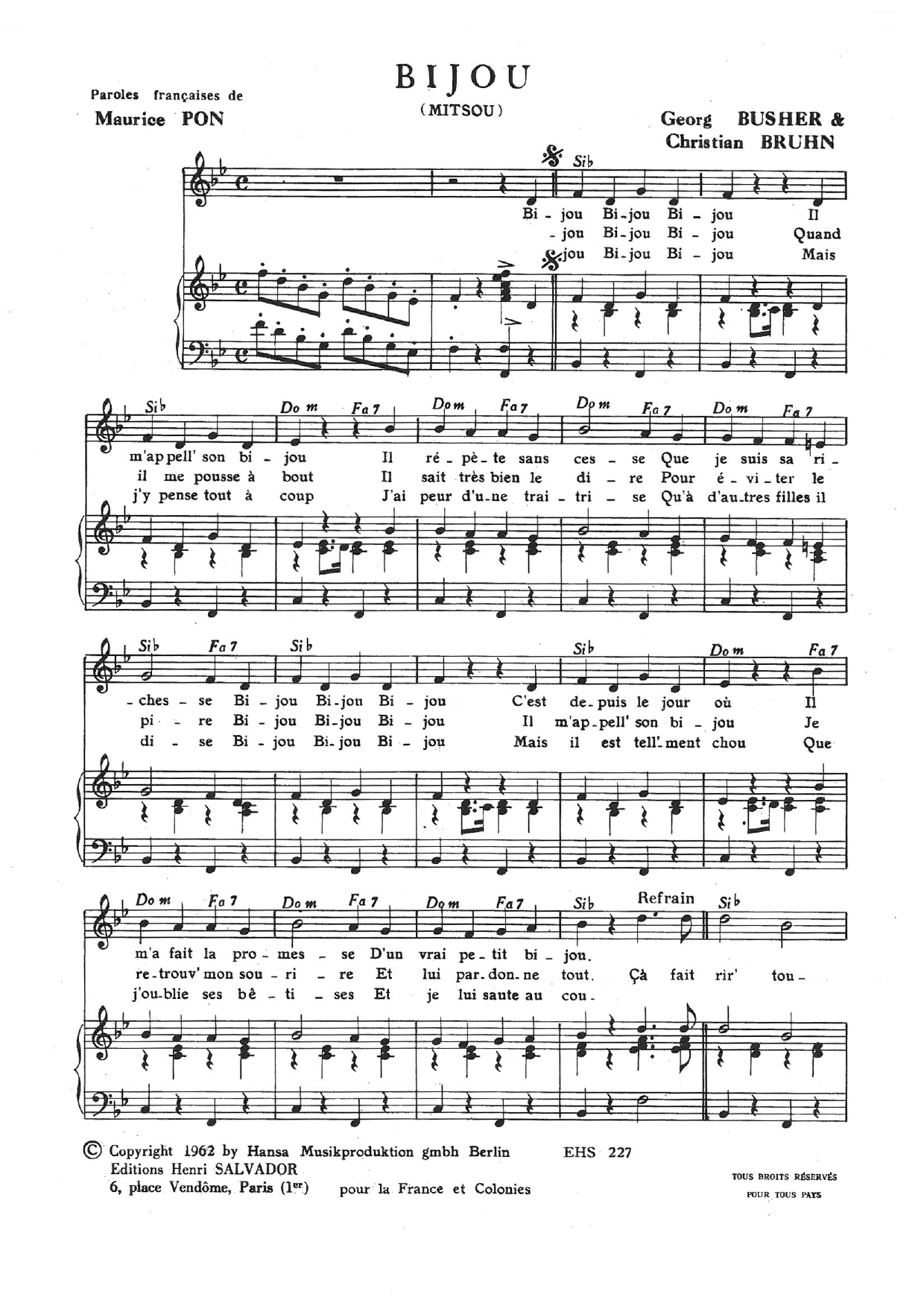 Download Henri Salvador Bijou Sheet Music and learn how to play Piano & Vocal PDF digital score in minutes