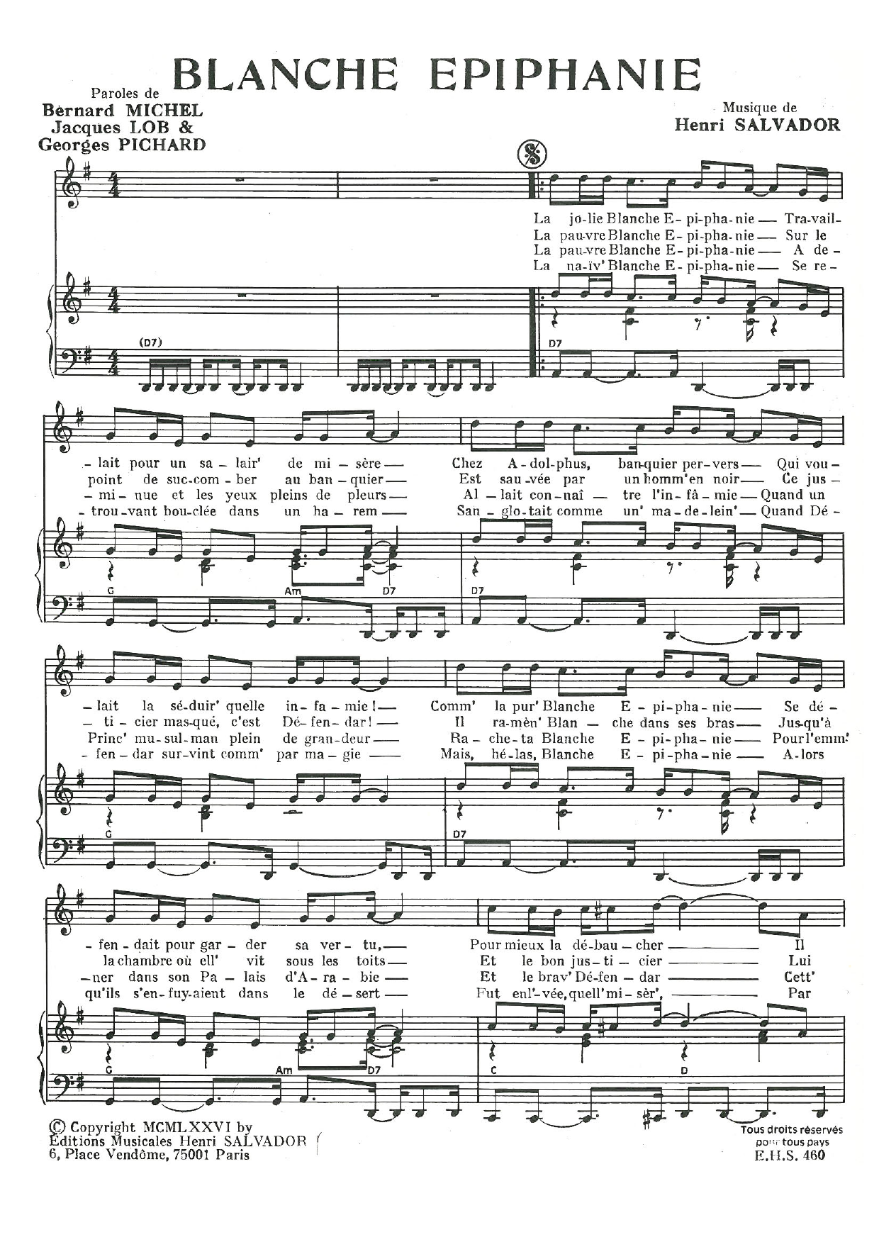Download Henri Salvador Blanche Epiphanie Sheet Music and learn how to play Piano & Vocal PDF digital score in minutes