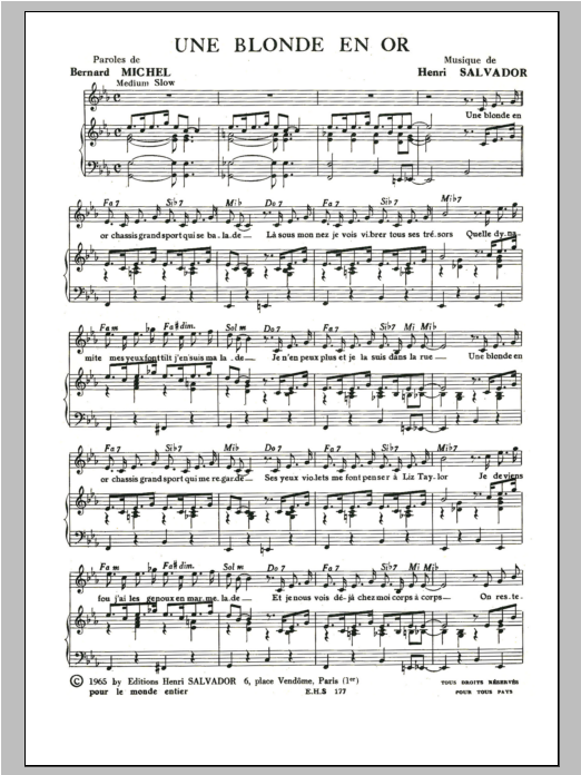 Download Henri Salvador Blonde En Or Sheet Music and learn how to play Piano & Vocal PDF digital score in minutes
