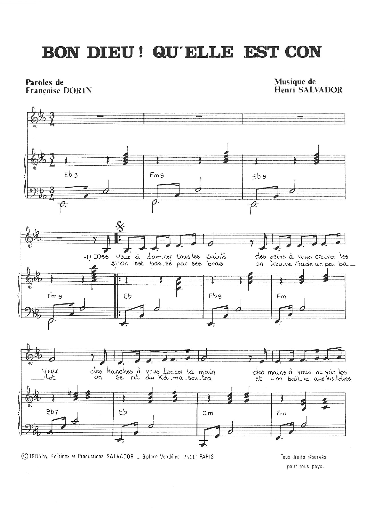 Download Henri Salvador Bon Dieu! Qu'elle Est Con Sheet Music and learn how to play Piano & Vocal PDF digital score in minutes
