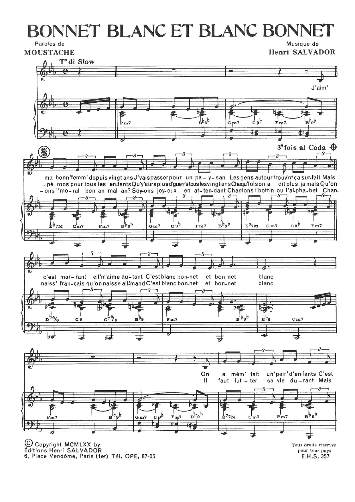 Download Henri Salvador Bonnet Blanc Et Blanc Bonnet Sheet Music and learn how to play Piano & Vocal PDF digital score in minutes