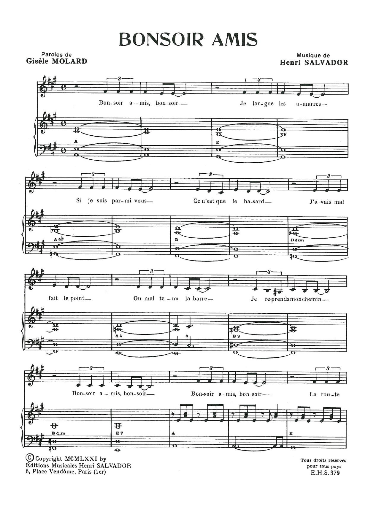 Download Henri Salvador Bonsoir Amis Sheet Music and learn how to play Piano & Vocal PDF digital score in minutes