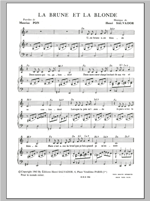 Download Henri Salvador Brune Et La Blonde Sheet Music and learn how to play Piano & Vocal PDF digital score in minutes