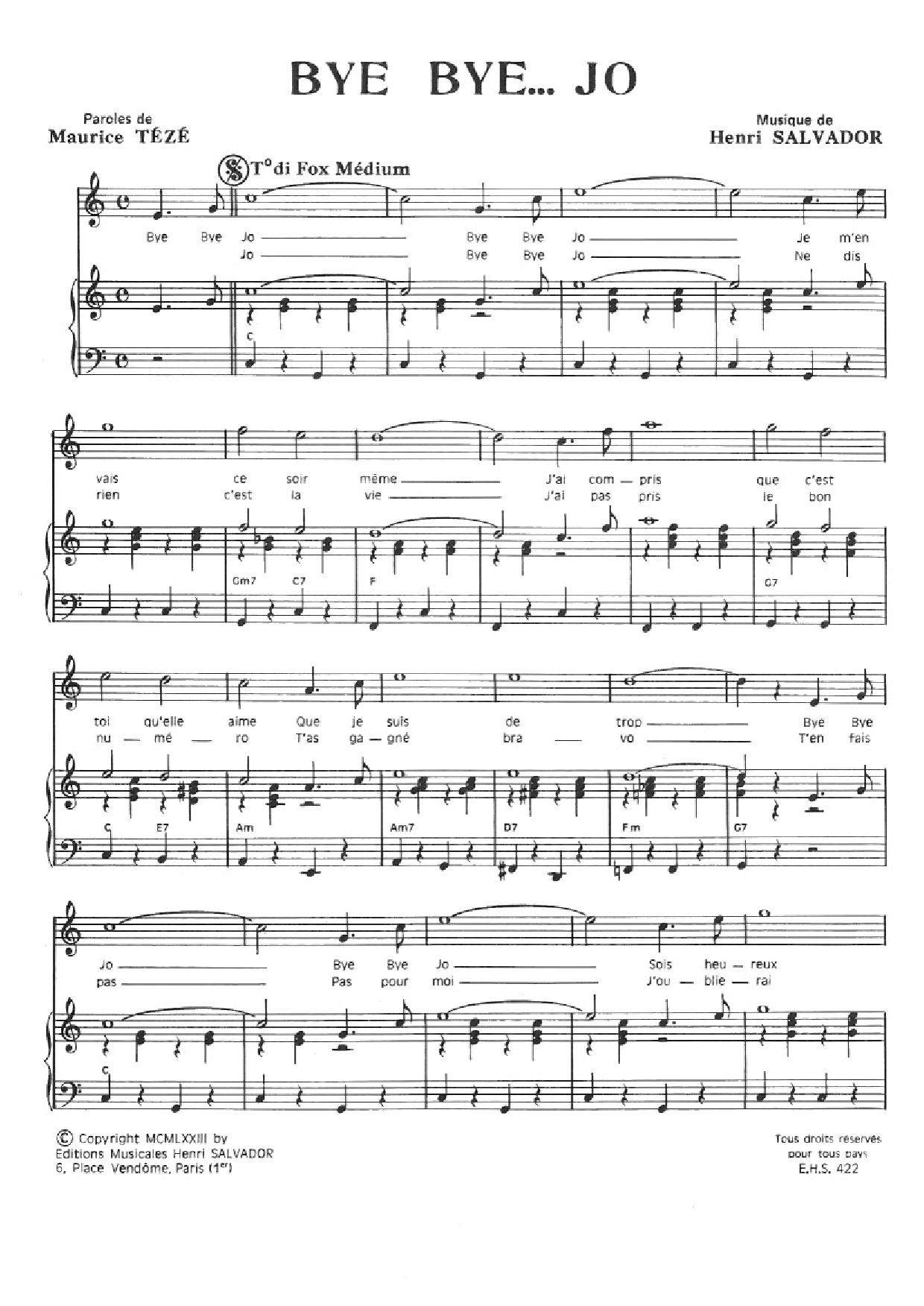 Download Henri Salvador Bye Bye Joe Sheet Music and learn how to play Piano & Vocal PDF digital score in minutes