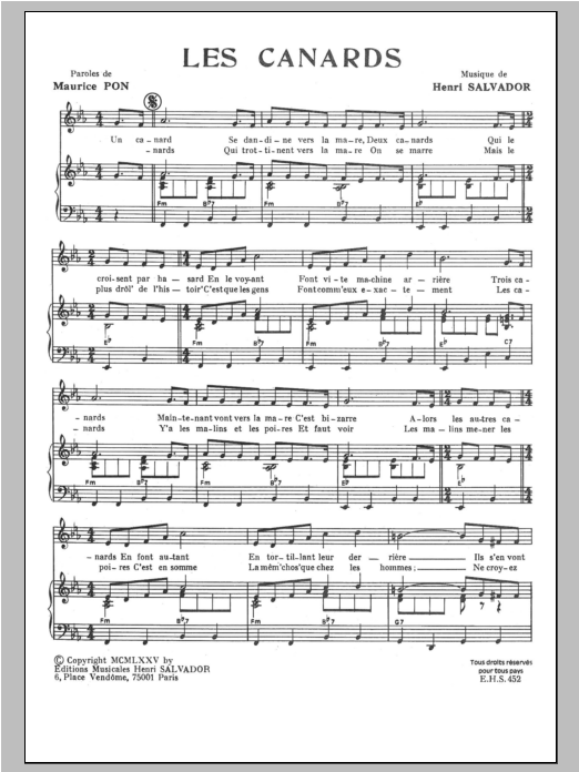 Download Henri Salvador Canards Sheet Music and learn how to play Piano & Vocal PDF digital score in minutes