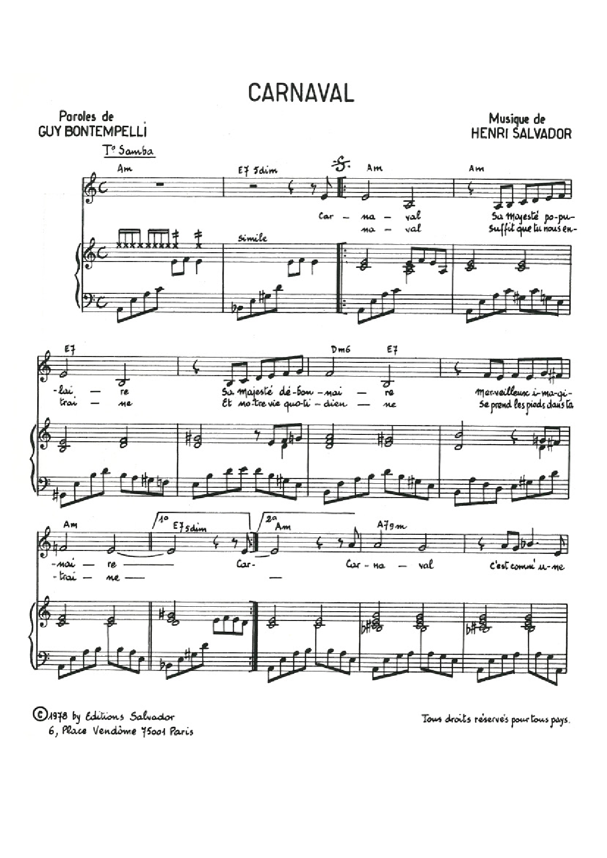 Download Henri Salvador Carnaval Sheet Music and learn how to play Piano & Vocal PDF digital score in minutes