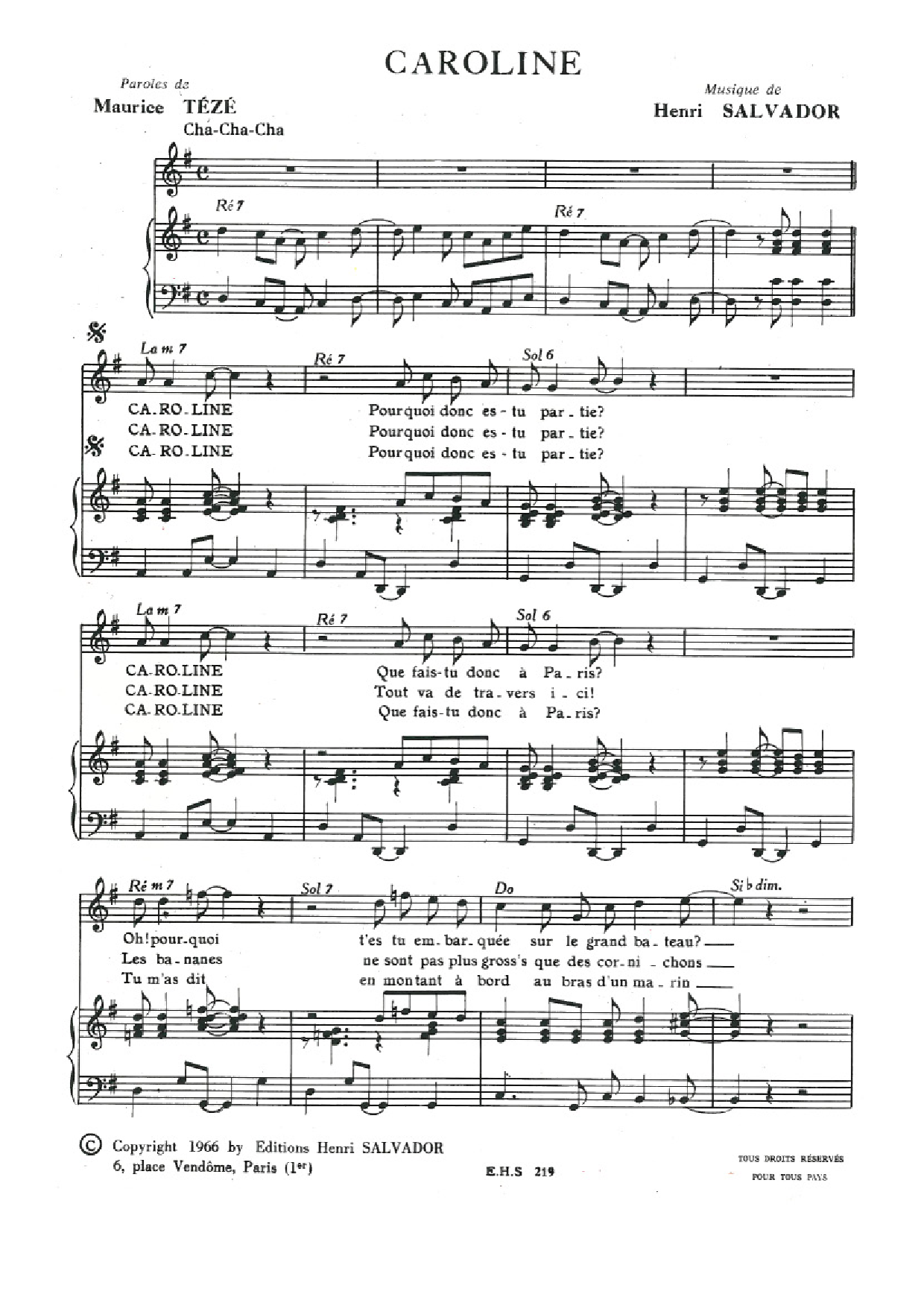Download Henri Salvador Caroline Sheet Music and learn how to play Piano & Vocal PDF digital score in minutes