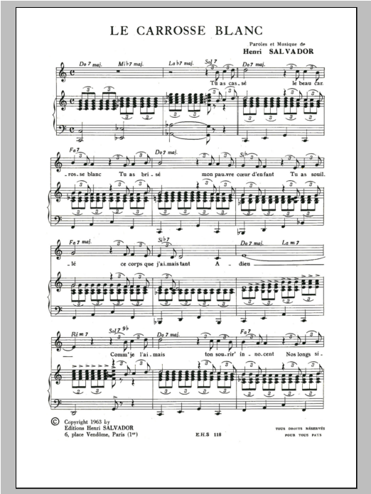 Download Henri Salvador Carrosse Blanc Sheet Music and learn how to play Piano & Vocal PDF digital score in minutes