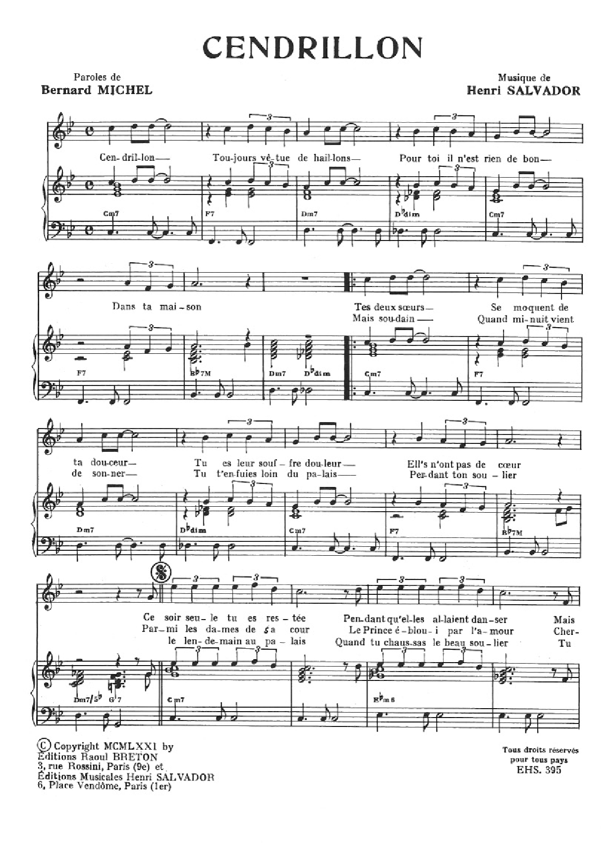 Download Henri Salvador Cendrillon Sheet Music and learn how to play Piano & Vocal PDF digital score in minutes