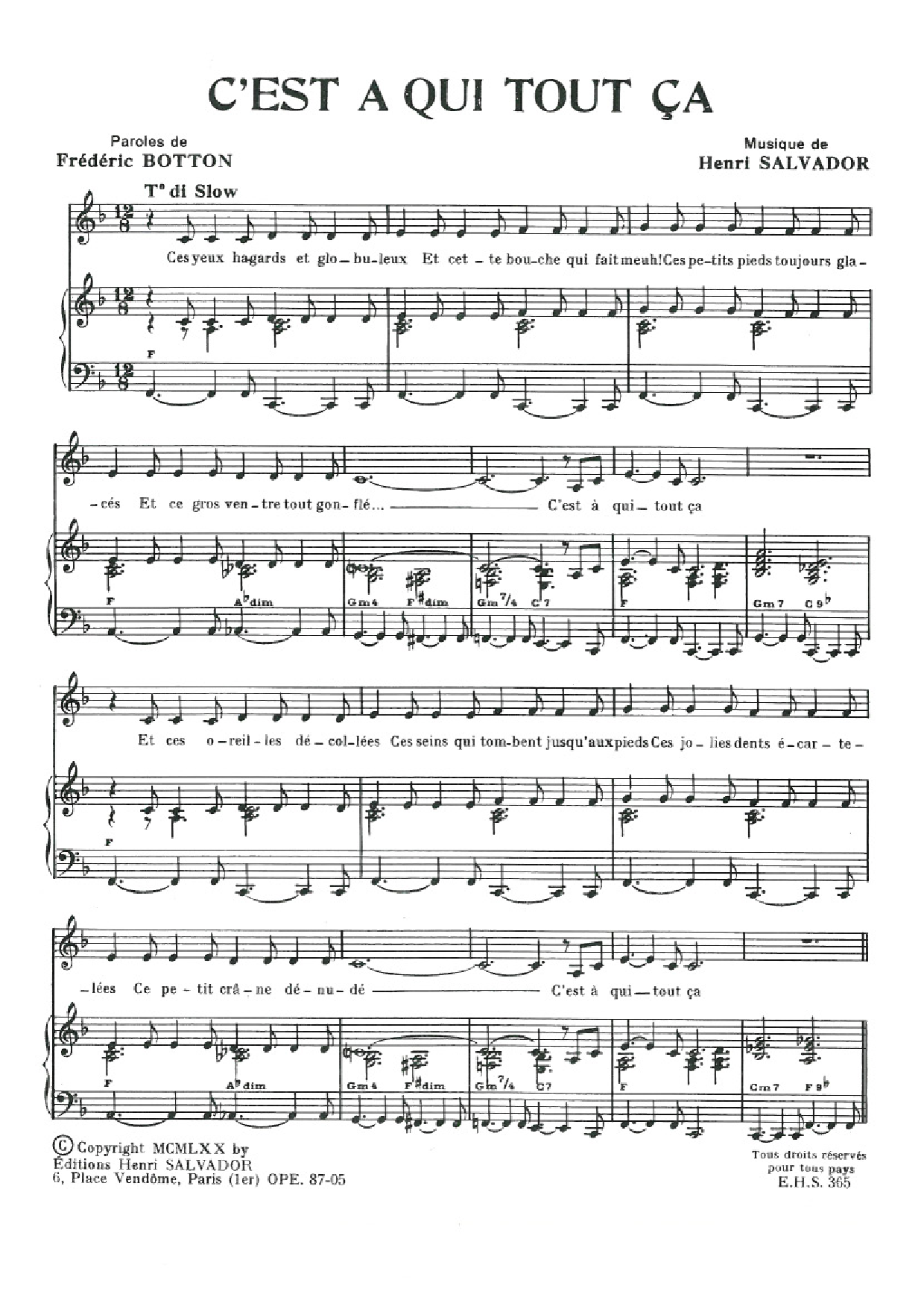 Download Henri Salvador C'est A Qui Tout Ca Sheet Music and learn how to play Piano & Vocal PDF digital score in minutes